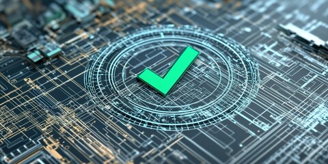 Poster - Digital checkmark on circuit board, symbolizing approval and verification in technology integration