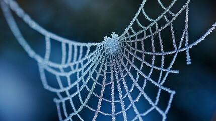 A close-up view of a dewy spider web showcasing intricate patterns against a blurred blue background.