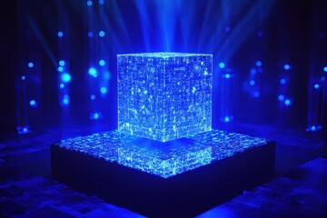 Poster - a cube illuminated by a vibrant blue light is the focal point of this captivating image a detailed c