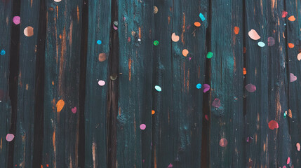 Poster - Vibrant confetti on rustic wooden surface design for celebrations