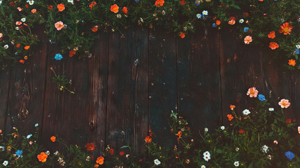 Poster - Rustic wooden texture with vibrant floral clusters for nature-themed design