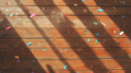 Poster - Playful confetti on wooden surface with casting shadows for festive celebrations