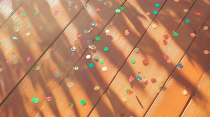 Poster - Playful confetti on wooden surface with intriguing shadows