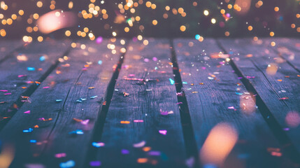 Aufkleber - Festive wooden surface with colorful confetti and blurred bokeh effect