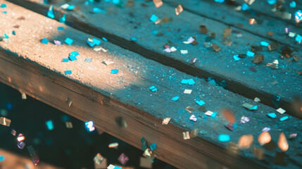 Poster - Festive confetti on wooden texture celebrating and reflecting light