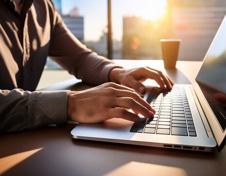 Primer plano, mujer y hombres escribiendo en una computadora portátil en una mesa de oficina, retroiluminada, tecnología de Internet, trabajo en línea, trabajo remoto, otros