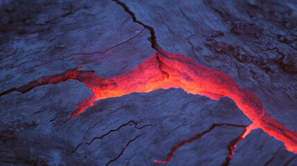 Poster - Glowing red core in cracked wooden texture for natural design and creative backgrounds