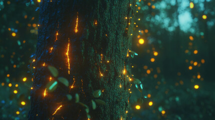 Poster - Enchanted forest vibes: glowing vines on textured wood for nature inspired designs