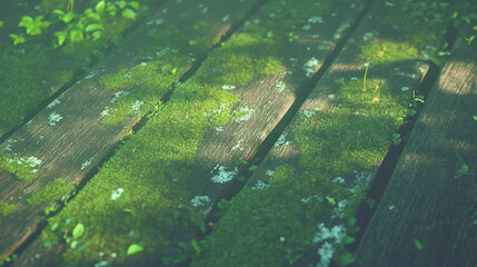 Poster - Rustic wooden texture with green moss and lichen for natural designs