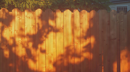 Poster - Warm sunlit wooden fence with soft yellow and wood grain texture