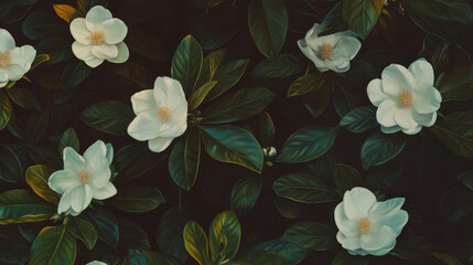 Aufkleber - Elegant wooden texture with large white flowers and foliage for design decor