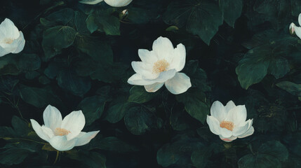 Aufkleber - Elegant natural theme with large white flowers on dark wooden texture for creative design