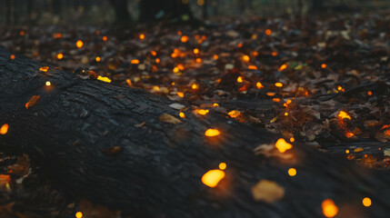 Aufkleber - Enchanting forest floor with glowing light through fallen leaves
