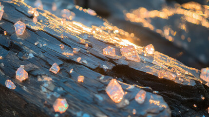 Poster - Sparkling crystals on wooden surface illuminated by light for unique decorative design