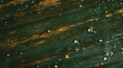 Poster - Dewdrops on wooden surface reflecting light - nature texture for design