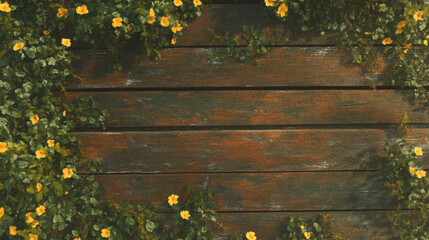 Poster - Natural wood texture with moss and yellow flowers for design inspiration
