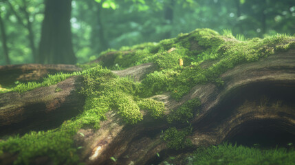Aufkleber - Enchanting forest scene with moss-covered wood texture in sunlight