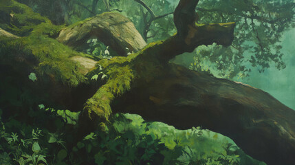 Poster - Enchanting woodland scene with moss-covered gnarled tree and lush foliage