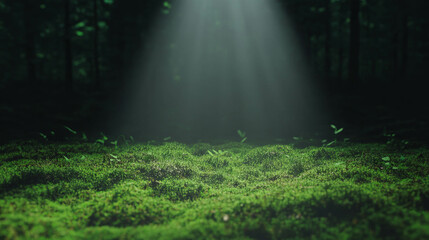 Poster - Mystical forest scene with sunbeam illuminating mossy woodland floor