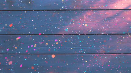 Poster - Vibrant celebration concept with multicolored confetti on wooden texture for festive design