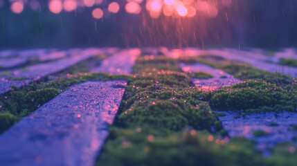 Poster - Enchanting wooden texture with moss under rainy purple sunset for nature design