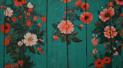 Aufkleber - Vibrant floral patterns on wooden texture for creative decoration and design
