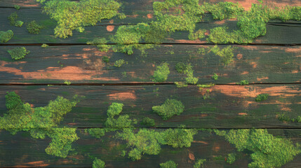 Poster - Texture of weathered wooden surface with moss patches for natural background or design
