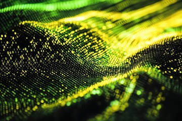 Poster - A detailed view of a vibrant green and black background highlighting the contrasting colors and textures Close up shot of binary numbers spreading like a wave .