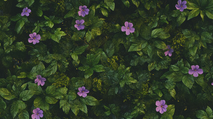 Aufkleber - Natural texture of wood with vibrant purple flowers and greenery