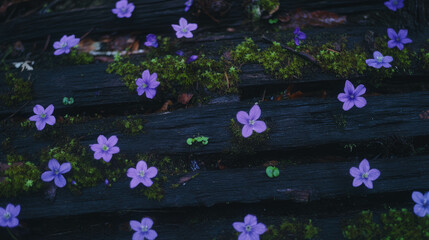 Poster - Purple flowers and moss on aged wooden texture for natural design background