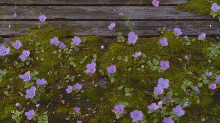Poster - Rustic wooden surface with vibrant purple flowers and lush green moss