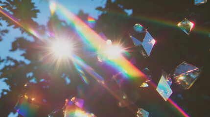 Poster - Rainbow light refraction on wooden texture with crystals for nature design
