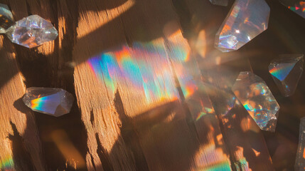 Poster - Enchanting wood surface with rainbow light refractions and crystals