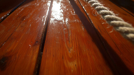 Poster - Rustic wooden surface with silk cord and soft sunlight shadows