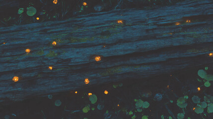 Poster - Enchanting woodland scene with glowing flowers growing on wooden texture