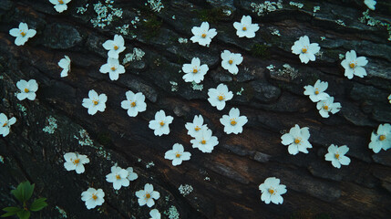 Poster - Natural wood texture with small white flowers growing elegantly