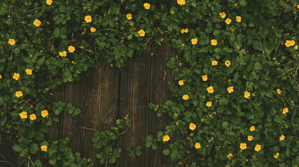 Poster - Nature background featuring wooden texture with small yellow flowers and greenery