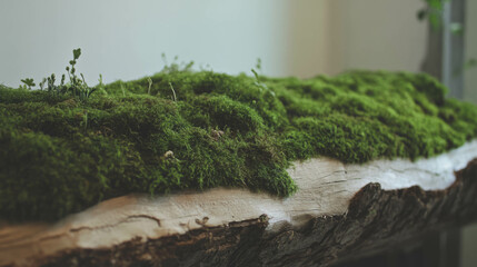 Poster - Natural wood texture with lush green moss for design and decoration concepts