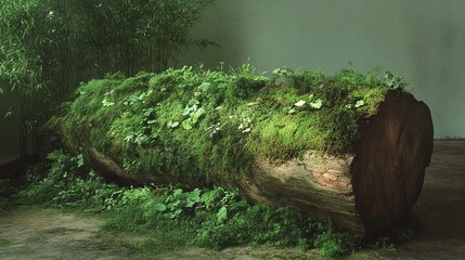 Aufkleber - Lush wooden log with dense moss and green foliage