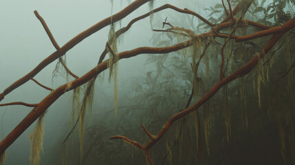 Aufkleber - Mystical forest branches with moss in misty atmosphere