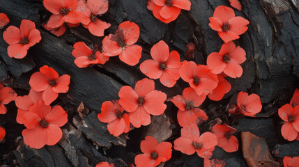 Poster - Vibrant red flowers on rustic wood texture for nature-themed designs