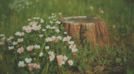 Aufkleber - Rustic charm: wild flowers flourishing around weathered tree stump in lush meadow