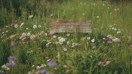 Poster - Rustic wooden texture with wildflowers in a meadow for natural design elements