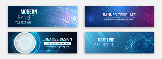 Aufkleber - High-tech horizontal banner template. Modern banner design with technology element. Data protection, internet communication, science, big data, cover design set. Sci-fi vector sample concept.