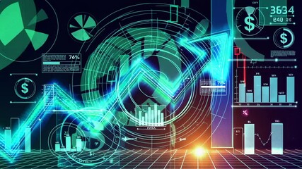 Aufkleber - Glowing upward trending arrows symbolize positive growth in finance, overlaid with various business charts and data visualizations, presented in a slow motion montage