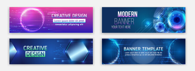 Aufkleber - Modern banner design with technology element. Data protection, internet communication, science, big data, cover design set. Sci-fi vector sample concept. High-tech horizontal banner template.