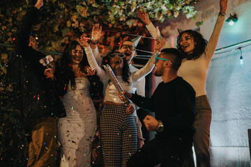 Poster - A lively group of individuals enjoying a celebration with confetti at an outdoor venue, displaying excitement and joy, surrounded by lights and festive decor, symbolizing happiness and togetherness.