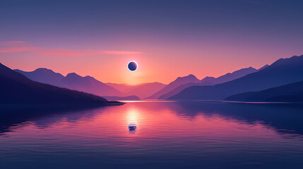 Wall Mural - Breathtaking landscape during solar eclipse over a tranquil lake with mountain silhouettes at twilight. Solar Eclipse Over Mountains. Illustration