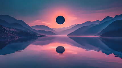 Wall Mural - Breathtaking landscape during solar eclipse over a tranquil lake with mountain silhouettes at twilight. Solar Eclipse Over Mountains. Illustration