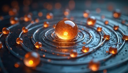 Poster - abstract quantum physics concept photo. luminous orange sphere surrounded by electrons orbits. repre